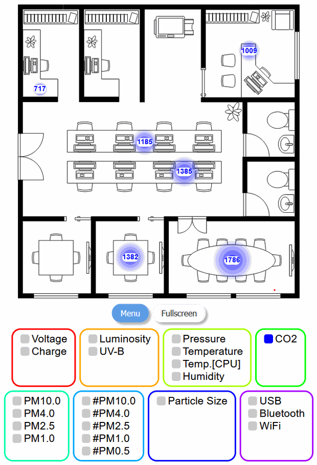 A floor plan of an office with a carbon dioxide reading over each space: 717 ppm in a private office, 1009 in a second, 1185 and 1385 over two rows of open-plan desks, 1382 in a small meeting room, and 1786 ppm in the boardroom.