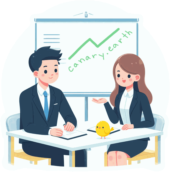An illustration of two people in a meeting with a Canary on the table and a rising chart on the board behind them.