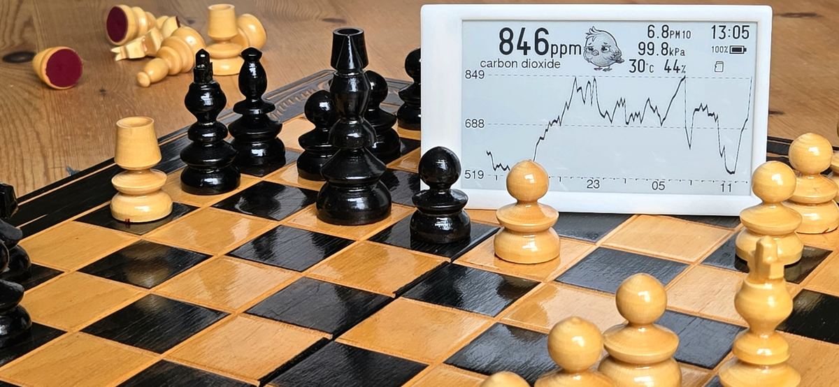 A Canary standing at the edge of a chessboard mid-game, showing 846 ppm carbon dioxide.