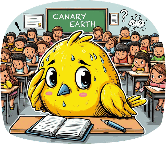 An illustration of the Canary bird struggling to concentrate at a desk in a stuffy classroom of drowsy, confused pupils.
