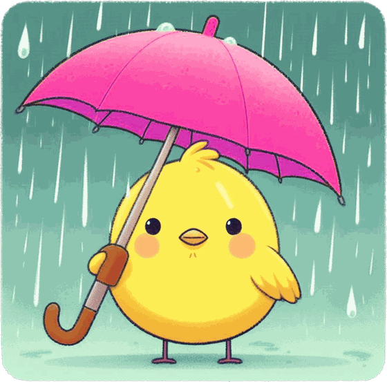 An illustration of the Canary bird sheltering under a pink umbrella in the rain.